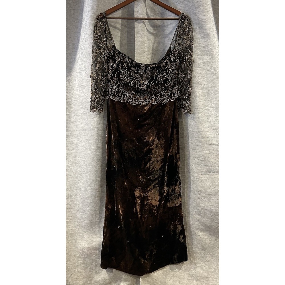 90s Badgley Mischka Brown Velvet Lace Embellished Evening Gown Size 8